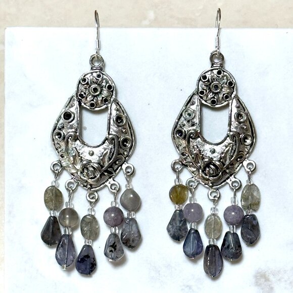 Genuine Iolite & Labradorite Victorian Rose Chandelier Earrings w/ Silver Hooks - Picture 1 of 9